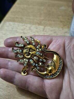Gold Tone Sun And Moon Brooch With Rhinestones